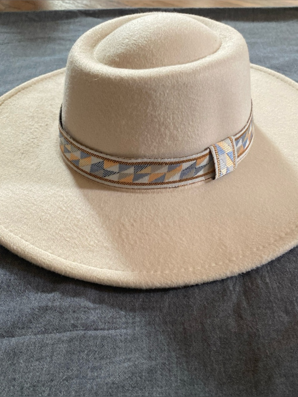 Wool Felt Wide Brim Hat with Geometric Band - Cream boho southwestern hippie